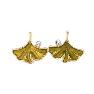 Green Ginkgo Enamel Leaf Crystal Gold Statement Stud Earrings